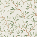 Elegant vintage botanical pattern with sage green leaves and brown branches on a cream background.