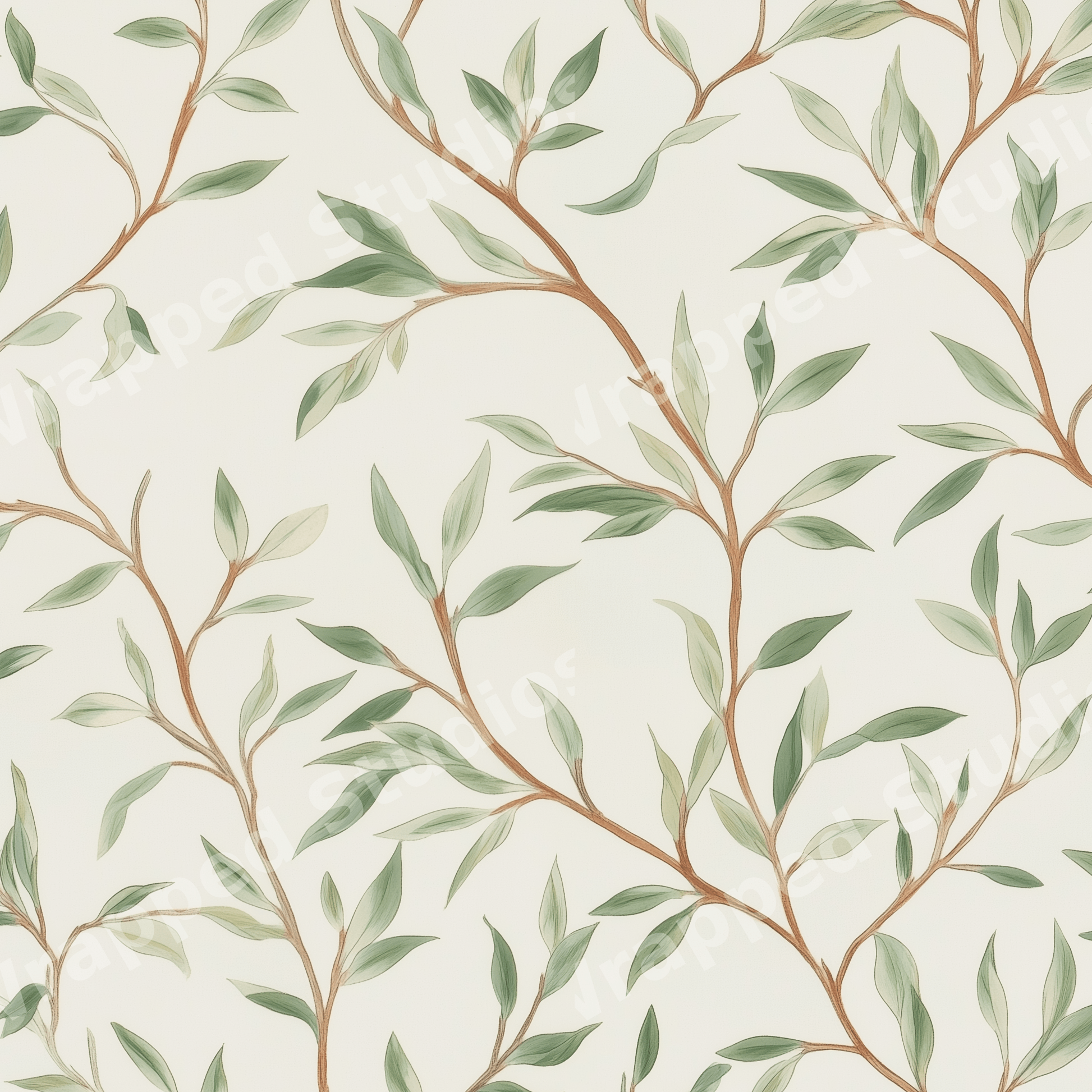 Elegant vintage botanical pattern with sage green leaves and brown branches on a cream background.