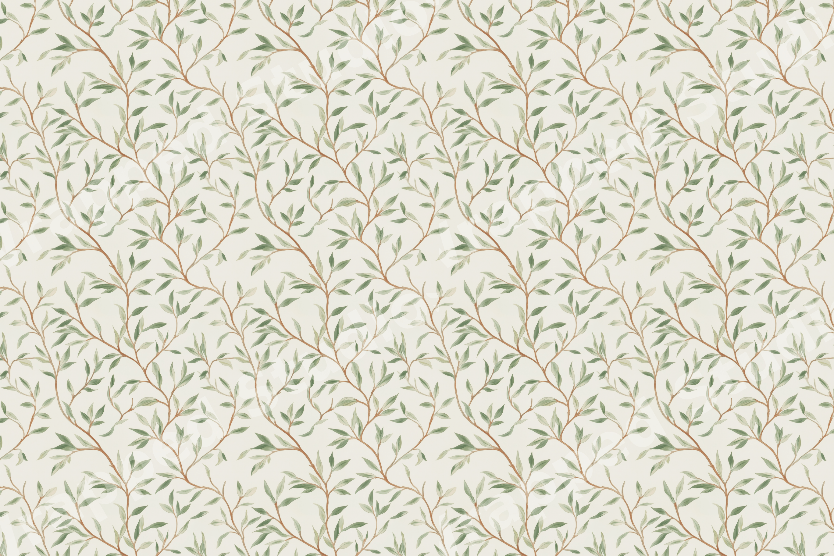 Elegant vintage botanical pattern with delicate sage green leafy branches on a warm cream background.