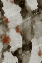 Distressed industrial grunge pattern featuring textured cracked plaster in grey, dark brown, and rust red.