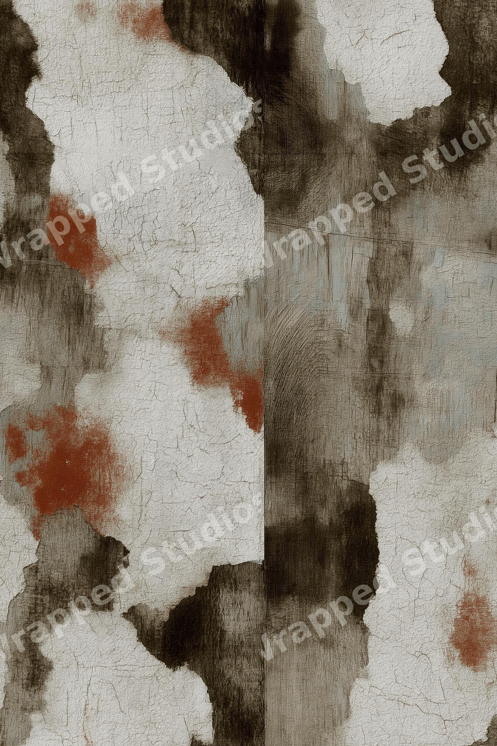 Distressed industrial grunge pattern featuring textured cracked plaster in grey, dark brown, and rust red.