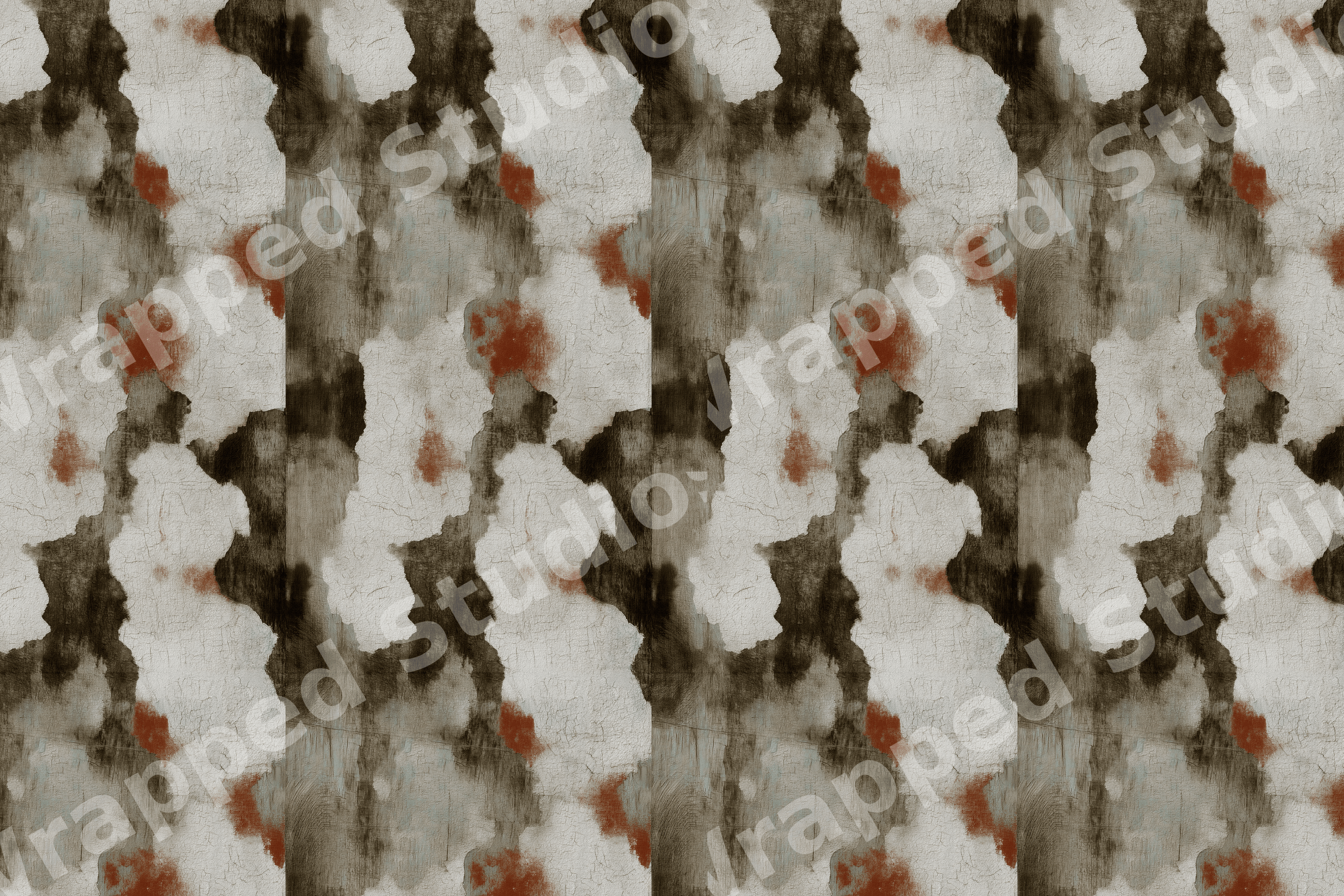 Distressed grunge abstract pattern with earthy watercolor textures in rust red, charcoal, and beige.
