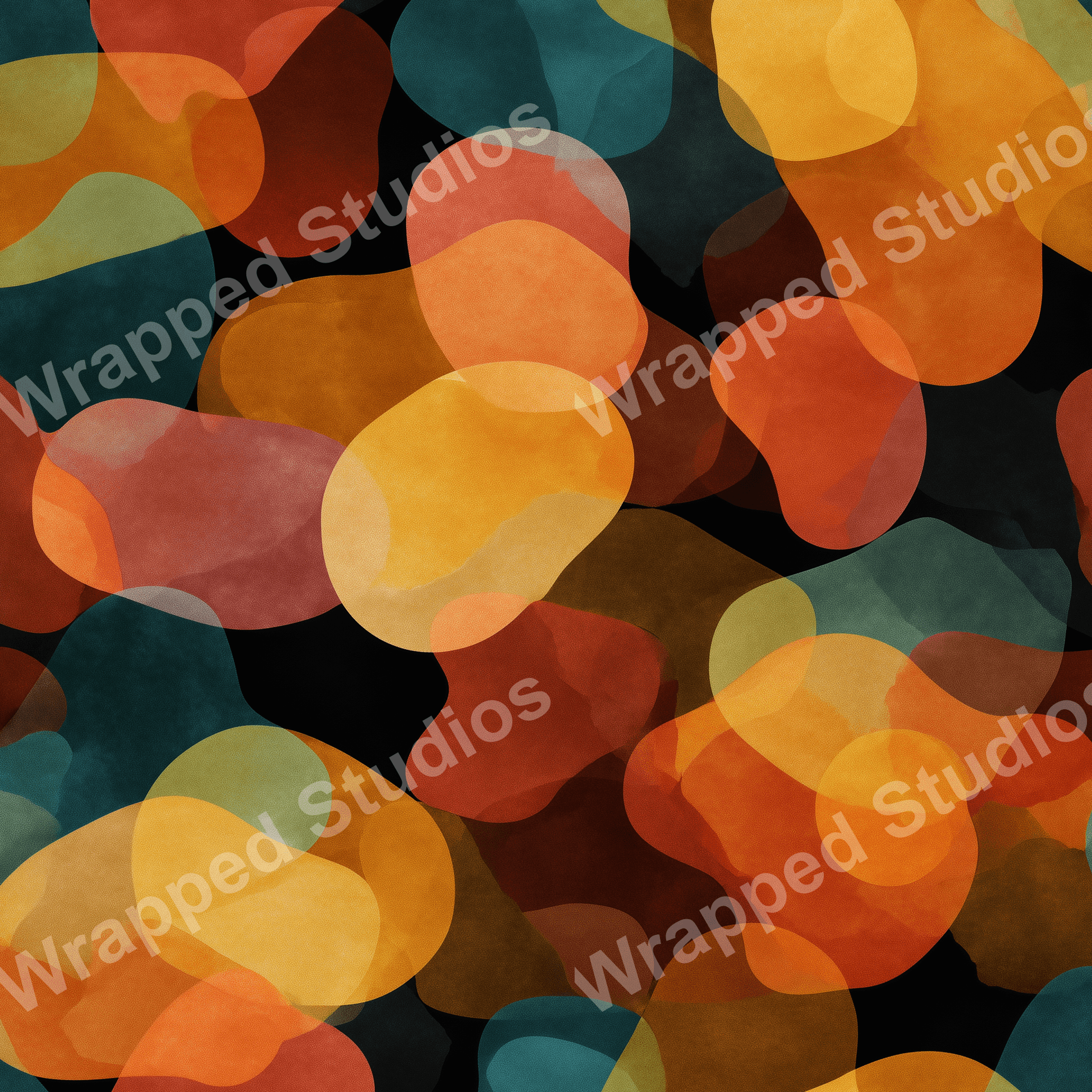 Seamless abstract pattern with organic blob shapes in shades of orange, gold, and teal on a black background.