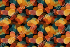 Abstract geometric pattern with overlapping organic shapes in warm orange, teal, and brown tones.