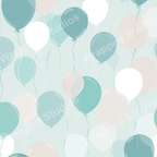 Repeating balloon pattern with teal, blue, white, and pale pink balloons on a light blue background.