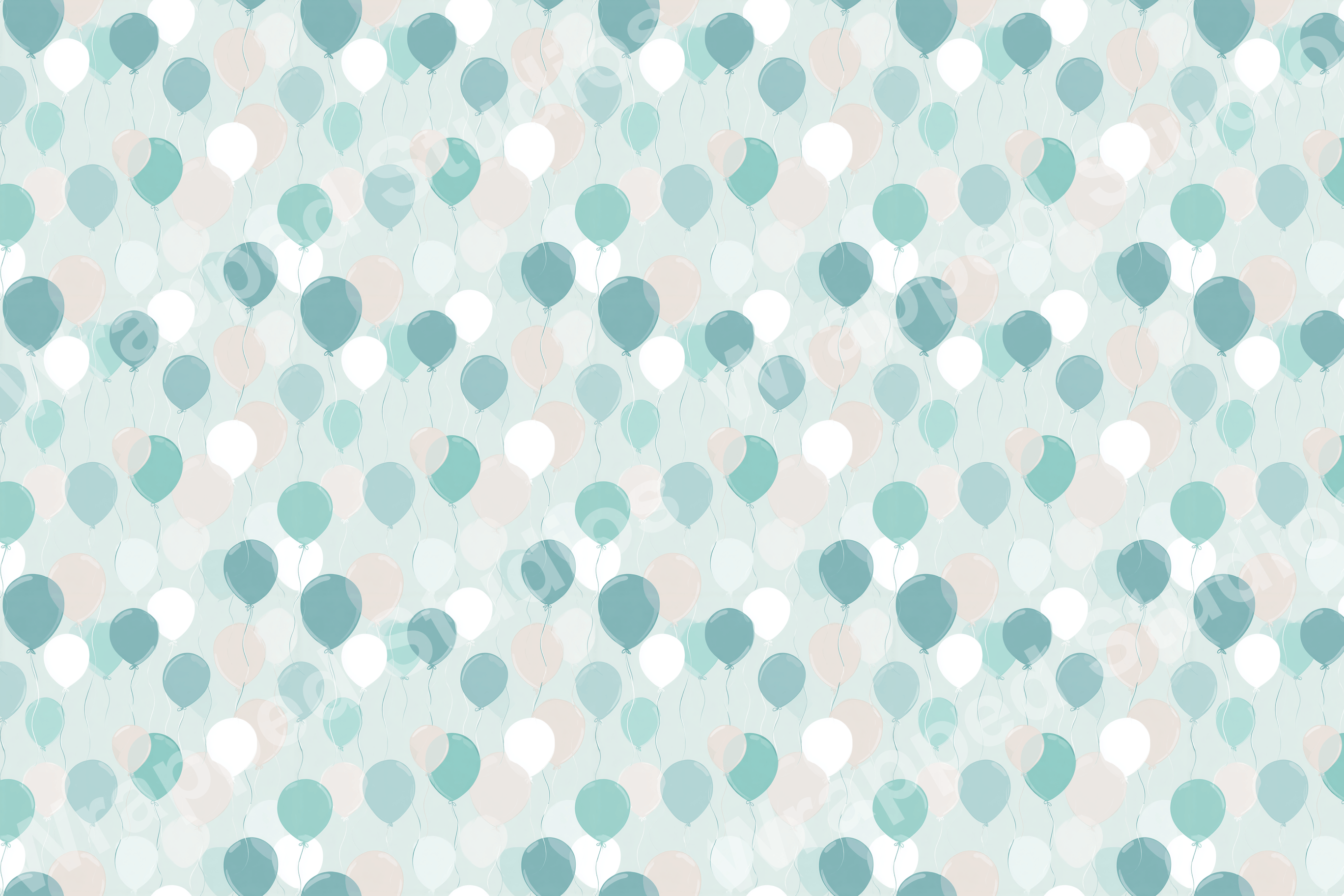 Seamless balloon pattern in shades of teal, white, and light peach for a playful aesthetic.