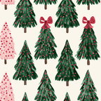 Festive watercolor Christmas tree pattern with green and pink pines on a cream background.