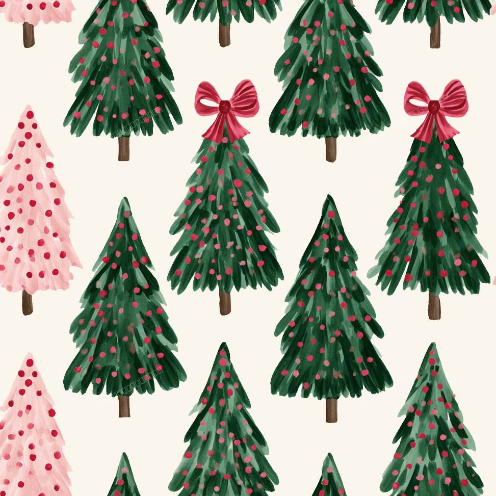 Festive watercolor Christmas tree pattern with green and pink pines on a cream background.
