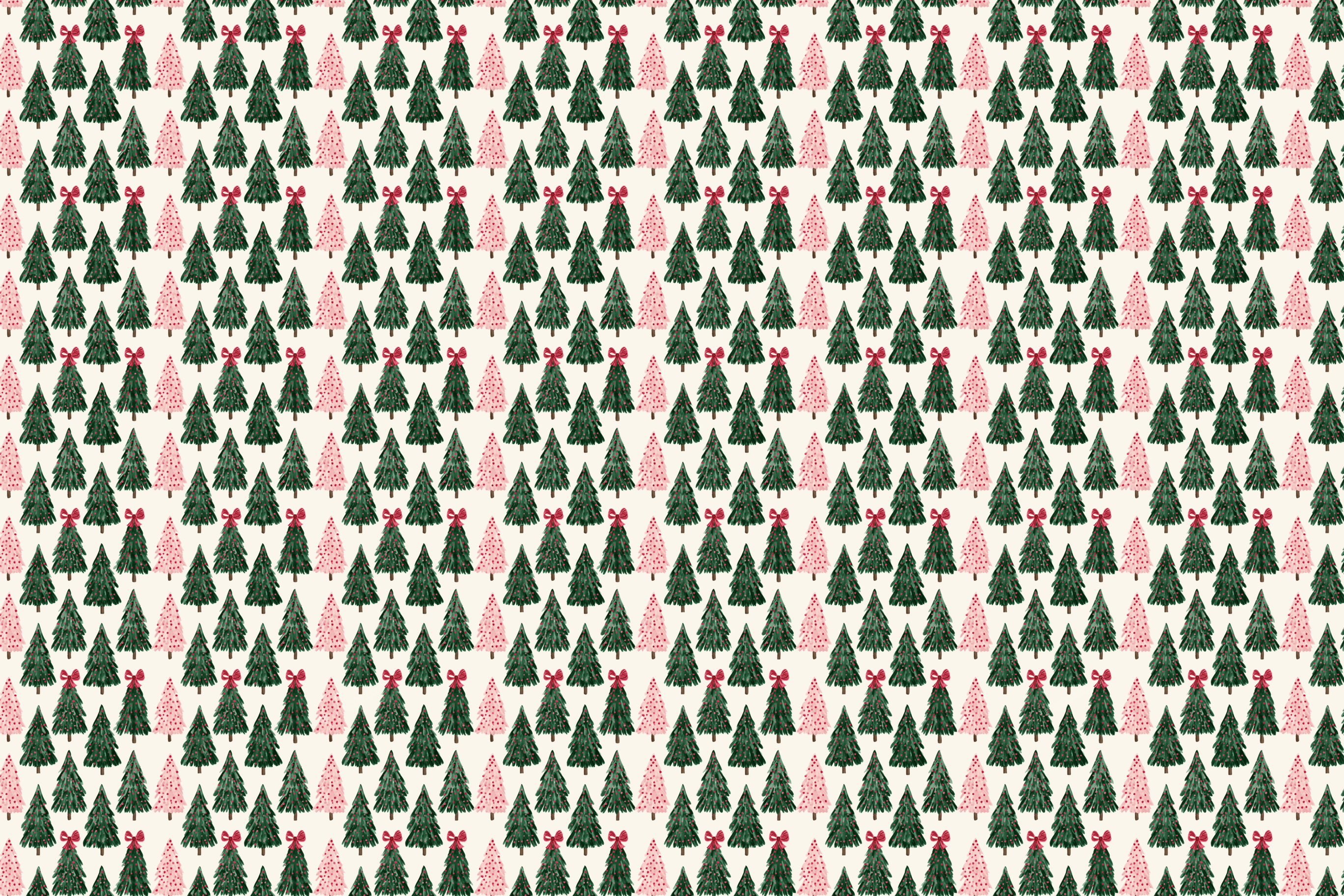 Cute watercolor Christmas tree pattern with green pines and pink trees on a cream background.