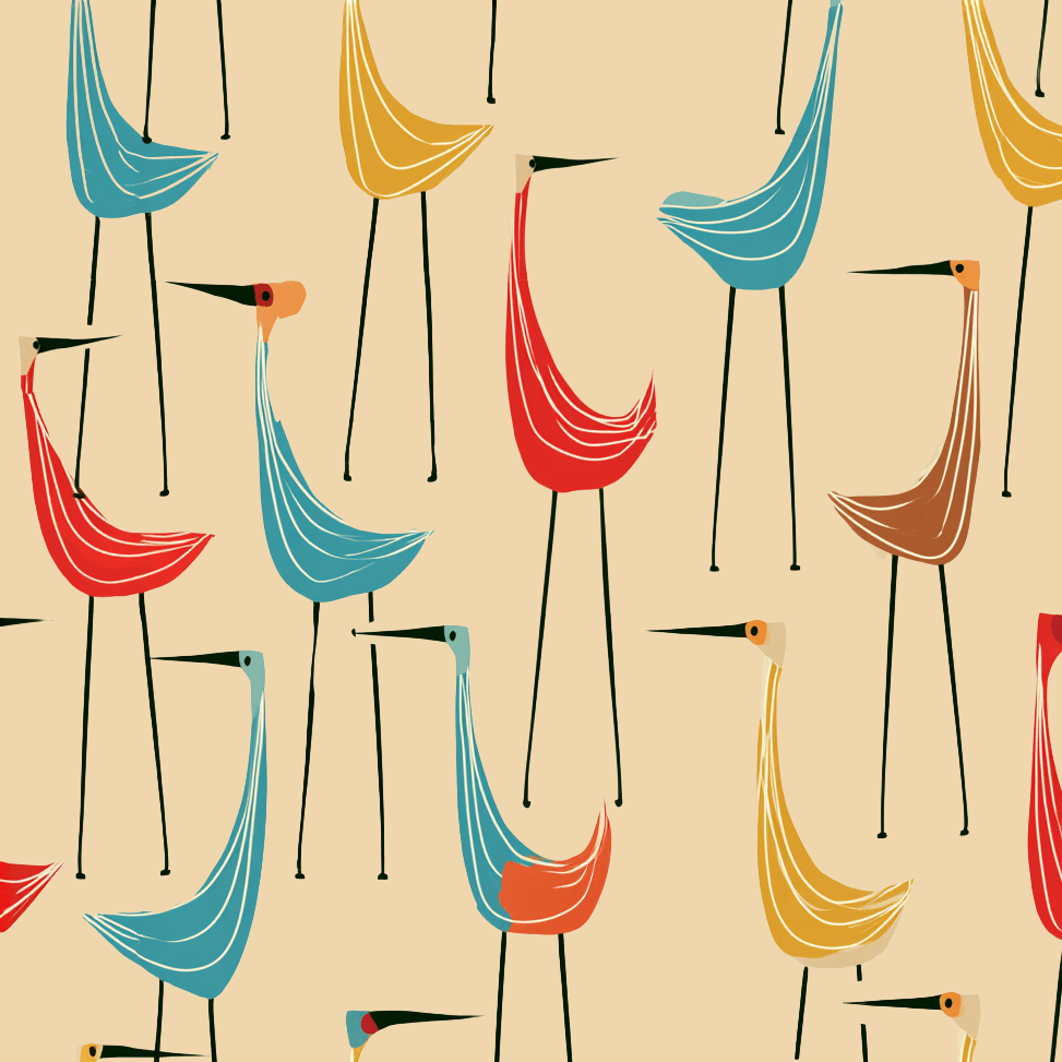 Retro mid-century modern bird pattern with colorful stylized herons on a beige background.