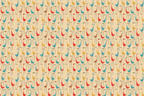 Mid-century modern bird pattern with stylized retro cranes in teal, red, and mustard yellow on beige.