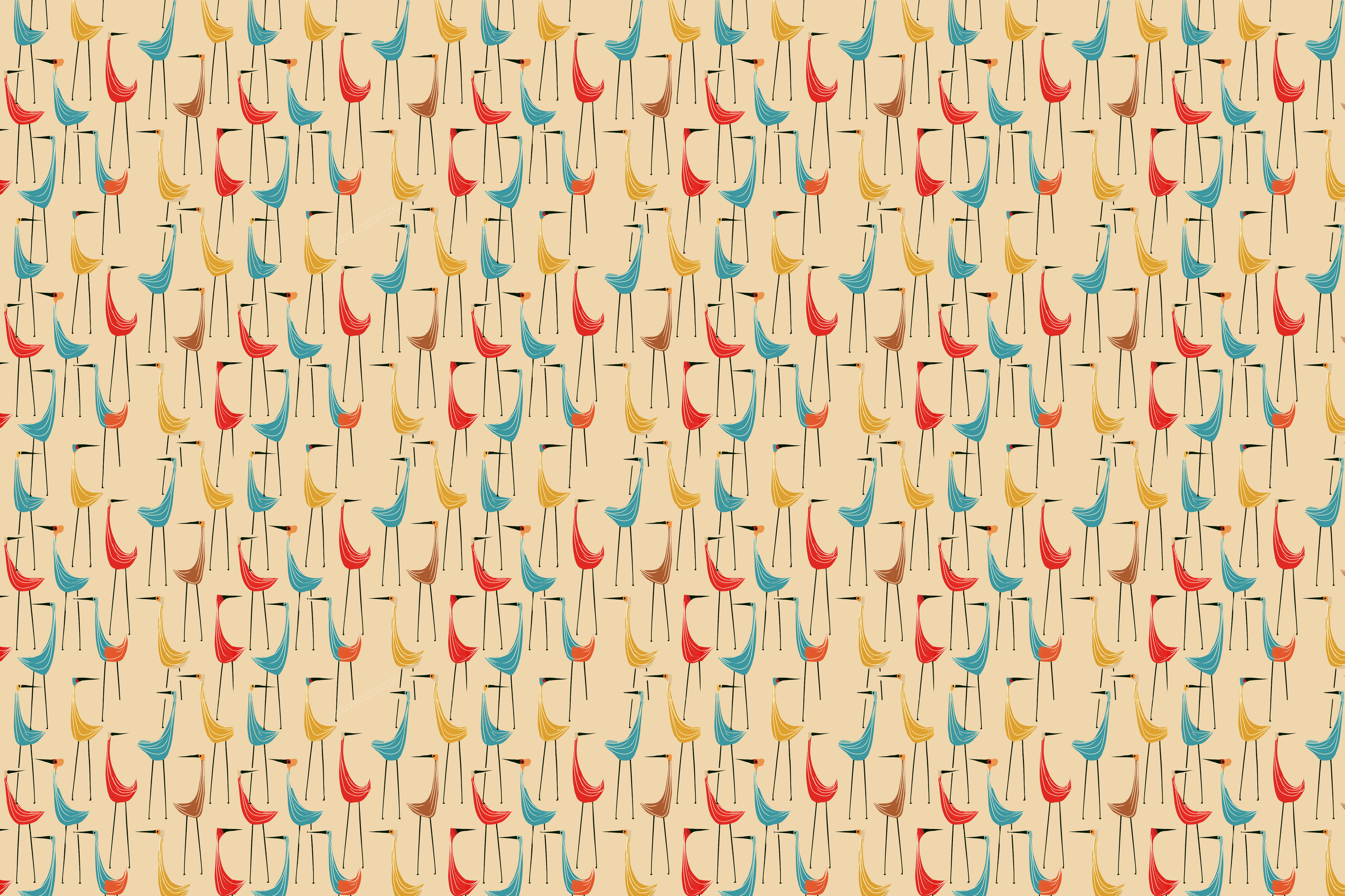 Mid-century modern bird pattern with stylized retro cranes in teal, red, and mustard yellow on beige.
