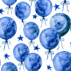 Whimsical blue watercolor balloon and star seamless pattern on a white background.