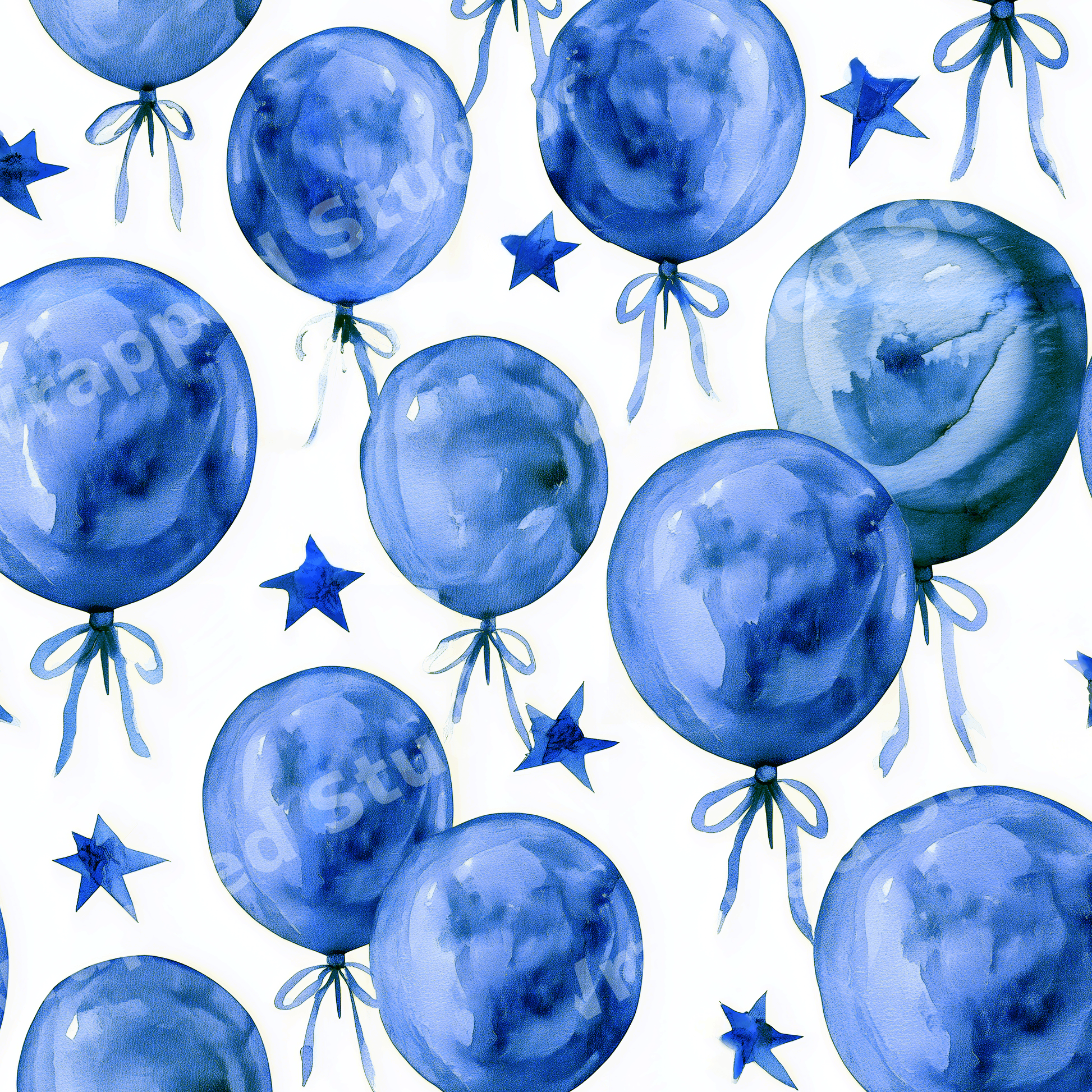 Whimsical blue watercolor balloon and star seamless pattern on a white background.