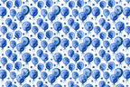 Playful watercolor blue balloon pattern with small stars on a white background.