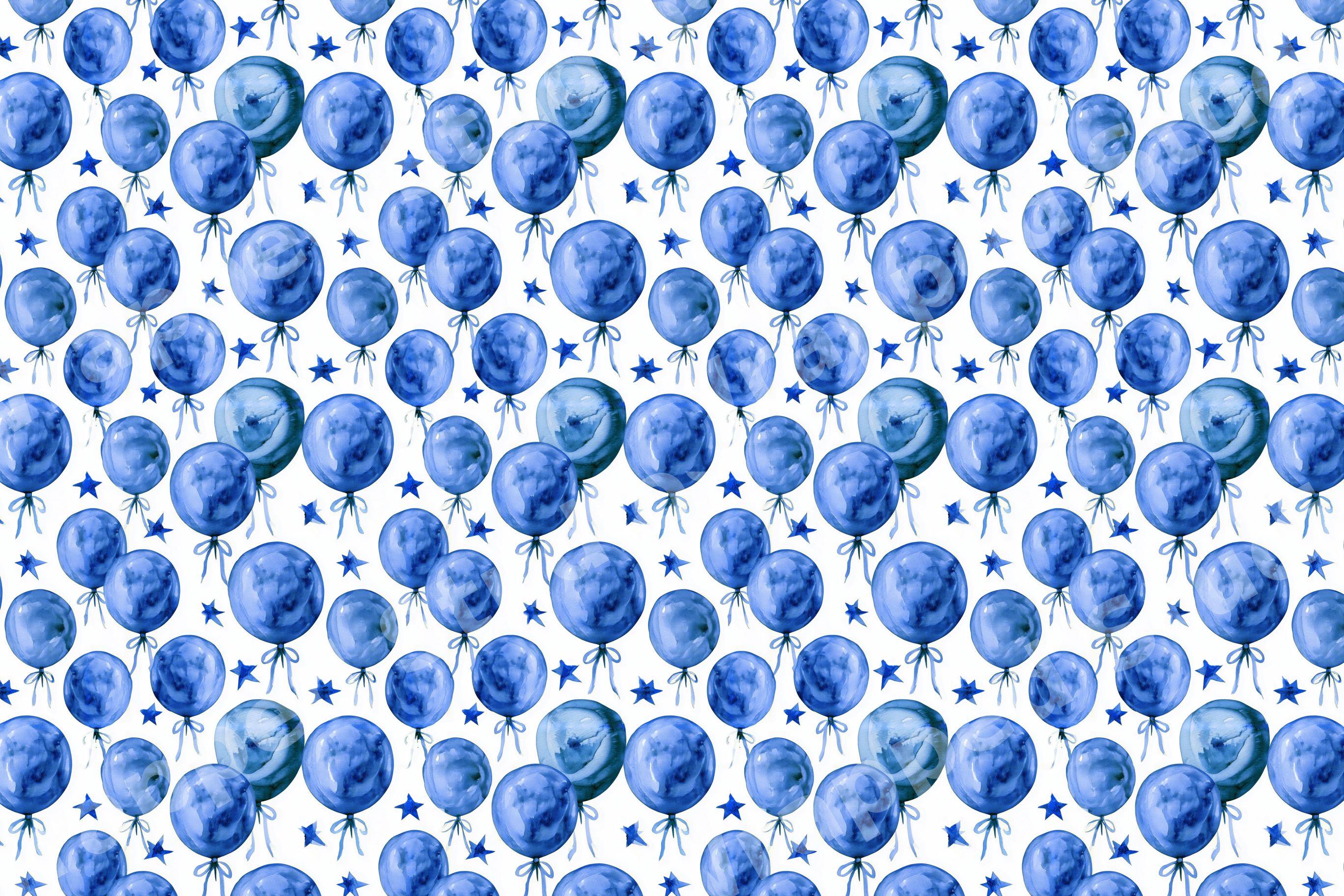 Playful watercolor blue balloon pattern with small stars on a white background.