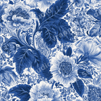 Elegant blue and white floral pattern with a vintage botanical design featuring detailed blossoms and leaves.