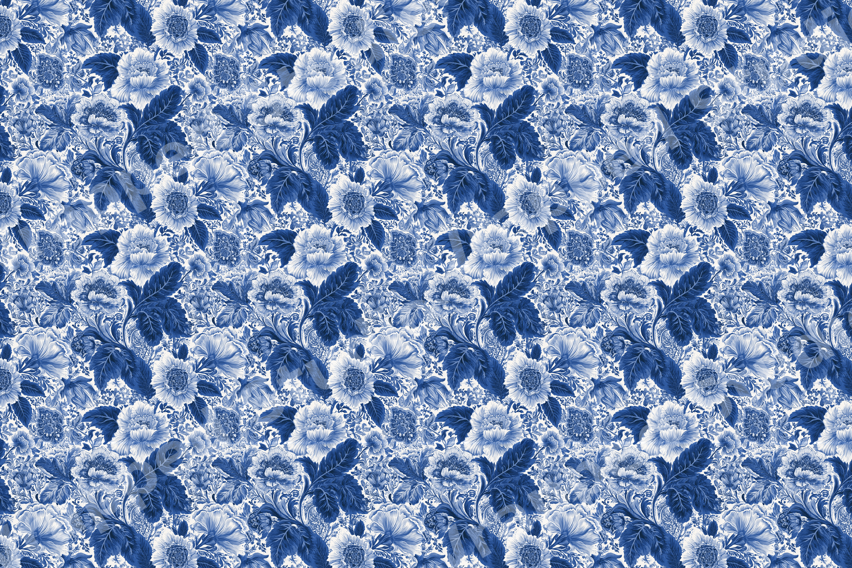 Elegant blue and white chinoiserie floral pattern in a vintage botanical design.