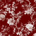 Elegant vintage botanical floral pattern featuring cream blossoms and branches on a deep red background.