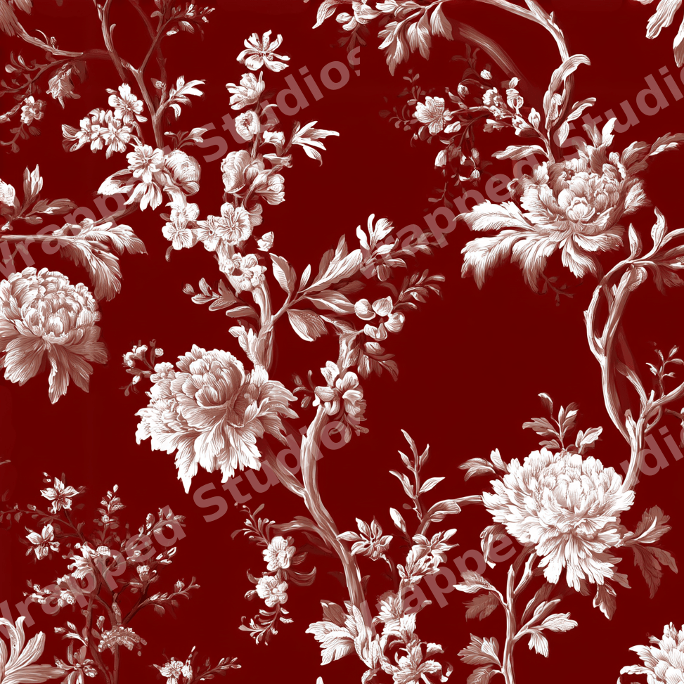 Elegant vintage botanical floral pattern featuring cream blossoms and branches on a deep red background.
