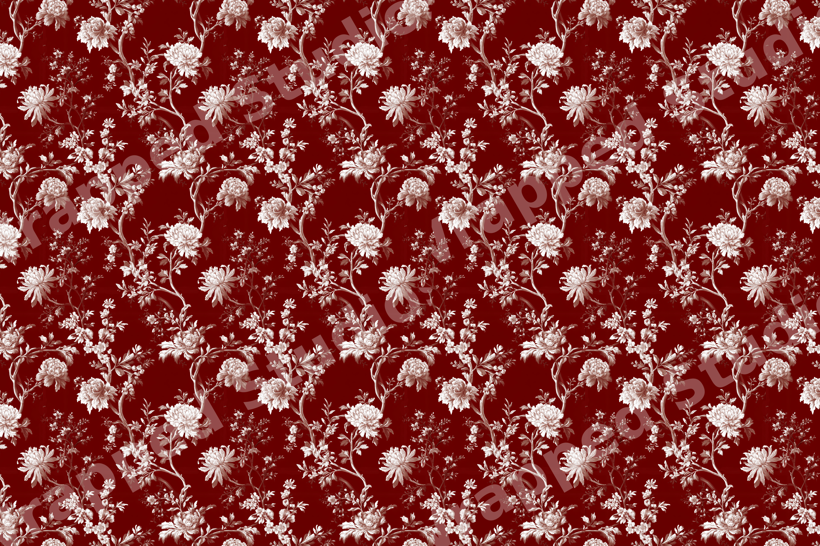 Elegant vintage botanical floral pattern featuring cream flowers on a deep burgundy background.