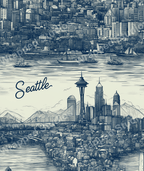 Detailed cityscape pattern of Seattle skyline in a vintage blue line drawing style.