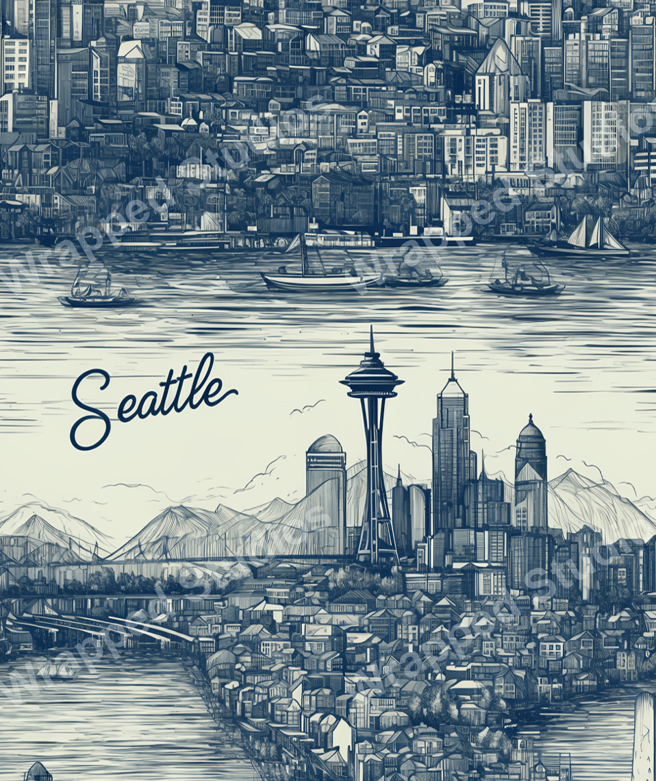 Detailed cityscape pattern of Seattle skyline in a vintage blue line drawing style.