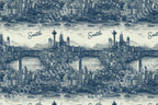Blue and cream vintage-style scenic pattern with Seattle skyline, sailboats, and buildings.