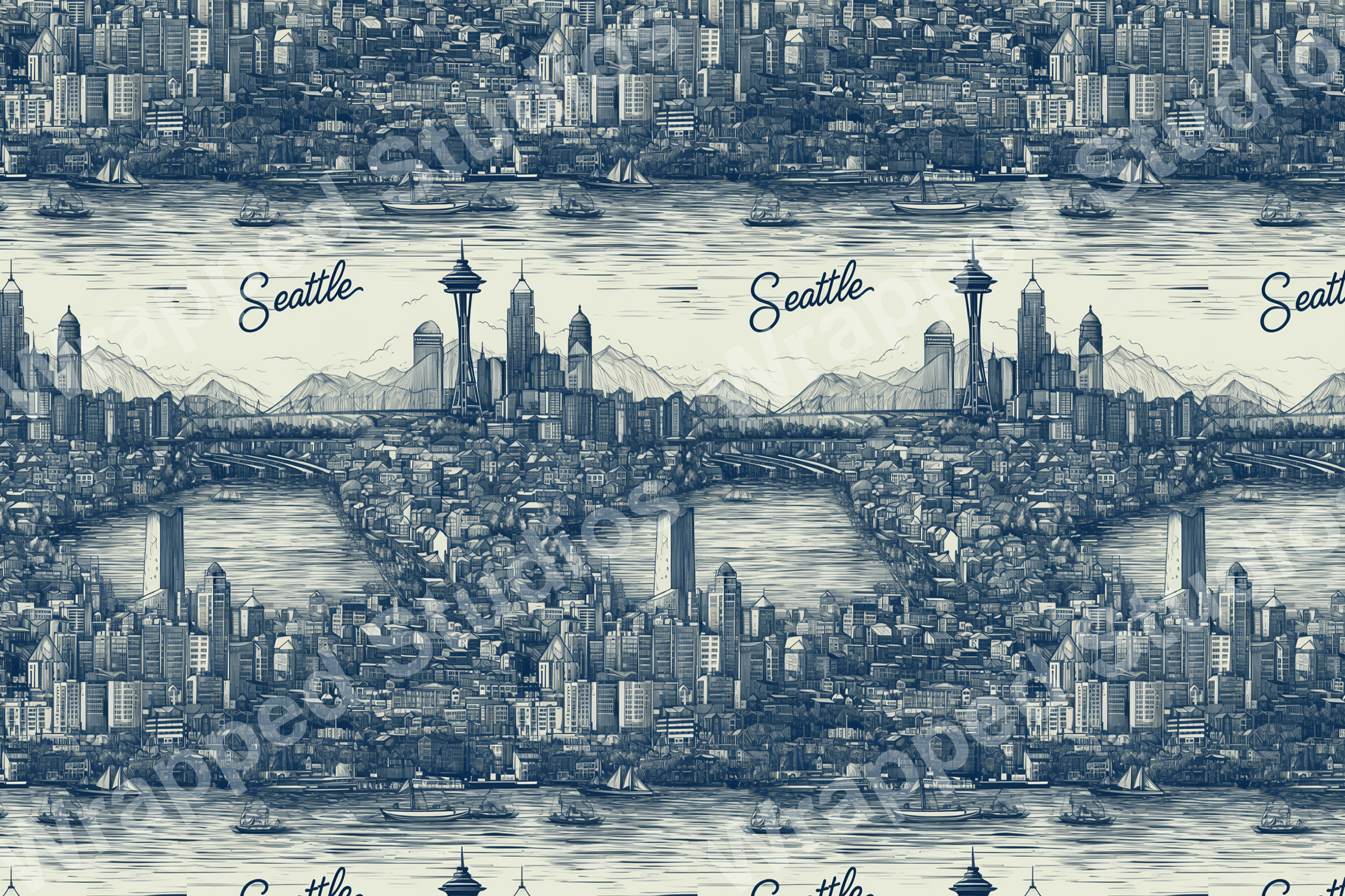 Blue and cream vintage-style scenic pattern with Seattle skyline, sailboats, and buildings.