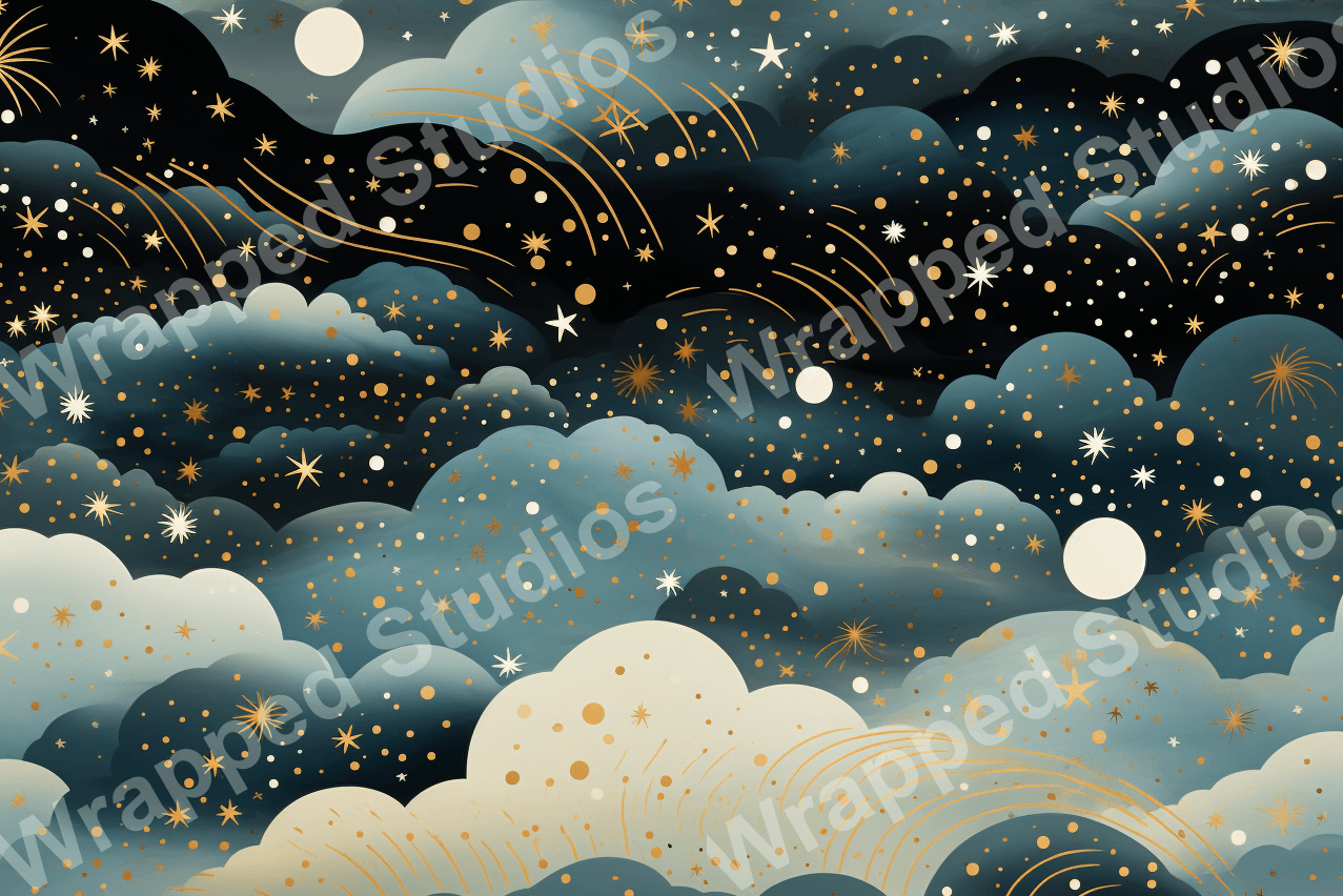 Celestial pattern of gold stars and shooting stars against a dark blue cloudscape background.