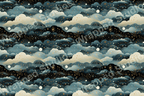 Whimsical celestial pattern design with clouds, stars, and comet trails in navy, teal and gold hues.