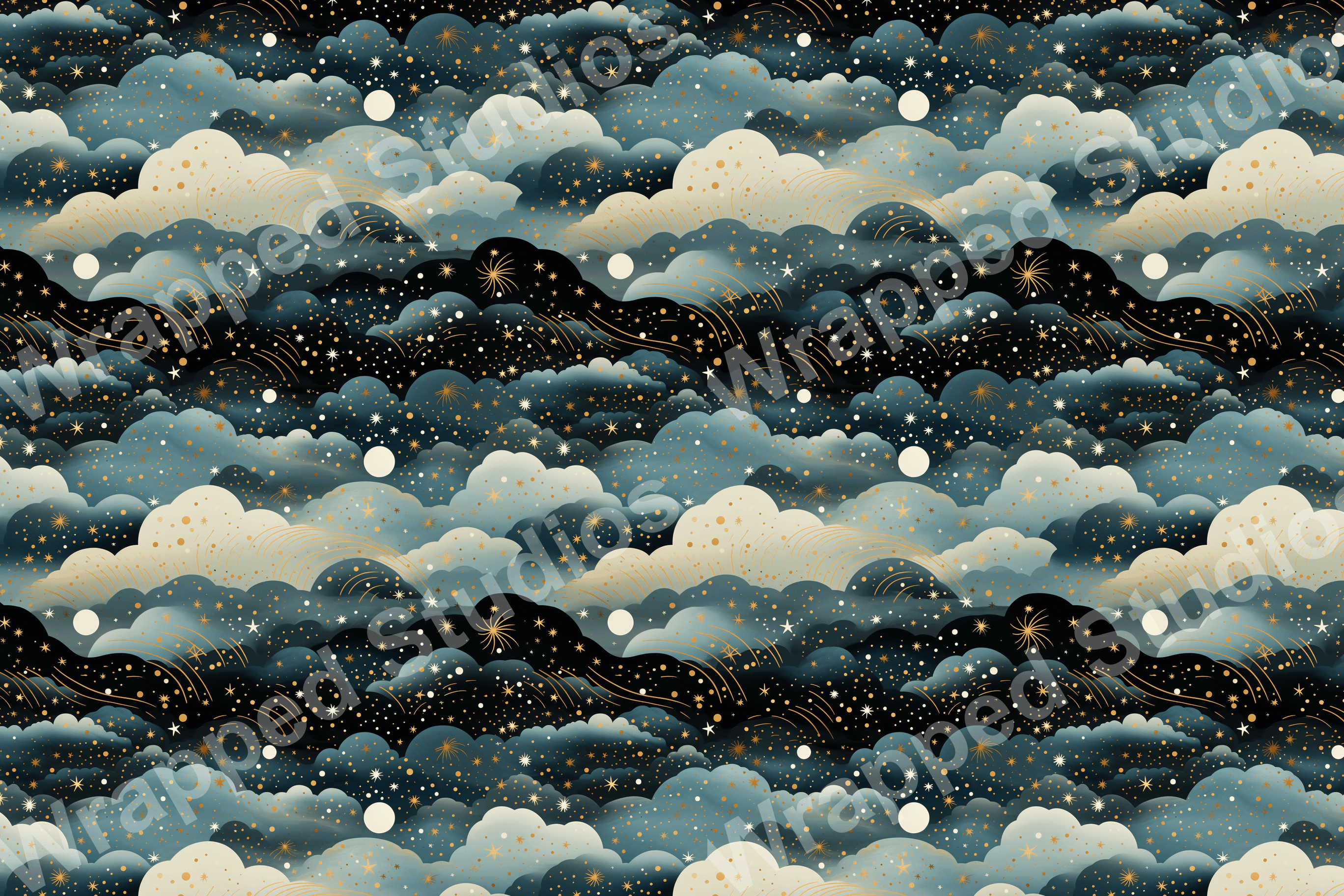 Whimsical celestial pattern design with clouds, stars, and comet trails in navy, teal and gold hues.