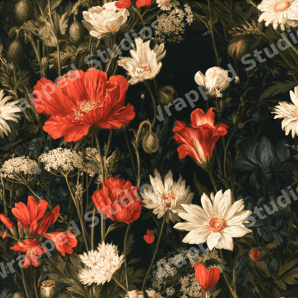 Moody vintage botanical floral pattern featuring red poppies and white daisies on a dark background.