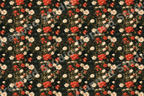 Vintage botanical floral pattern featuring red poppies and white daisies on a dark background.