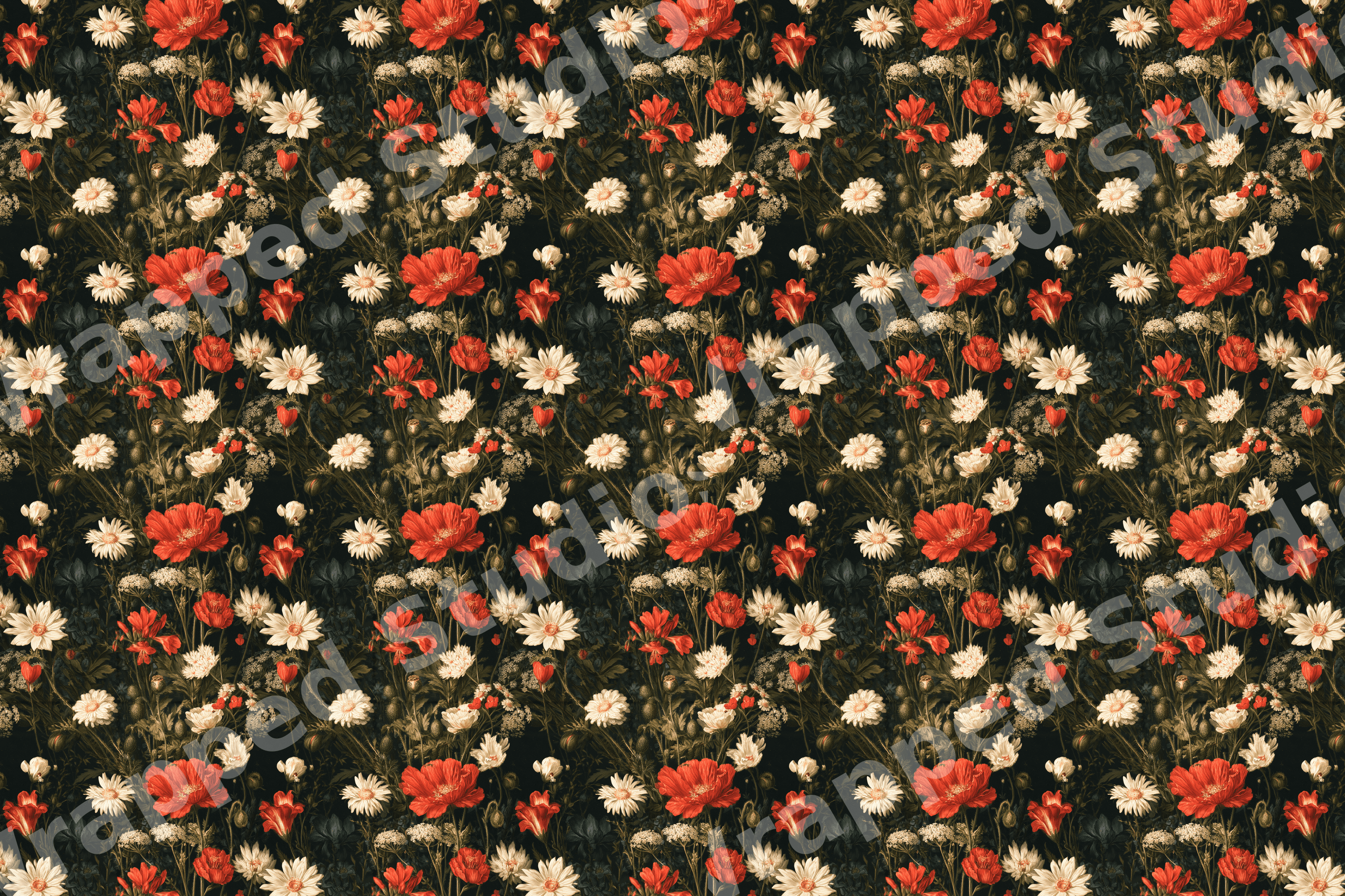 Vintage botanical floral pattern featuring red poppies and white daisies on a dark background.