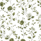Elegant floral pattern with olive green roses and leaves on a white background.