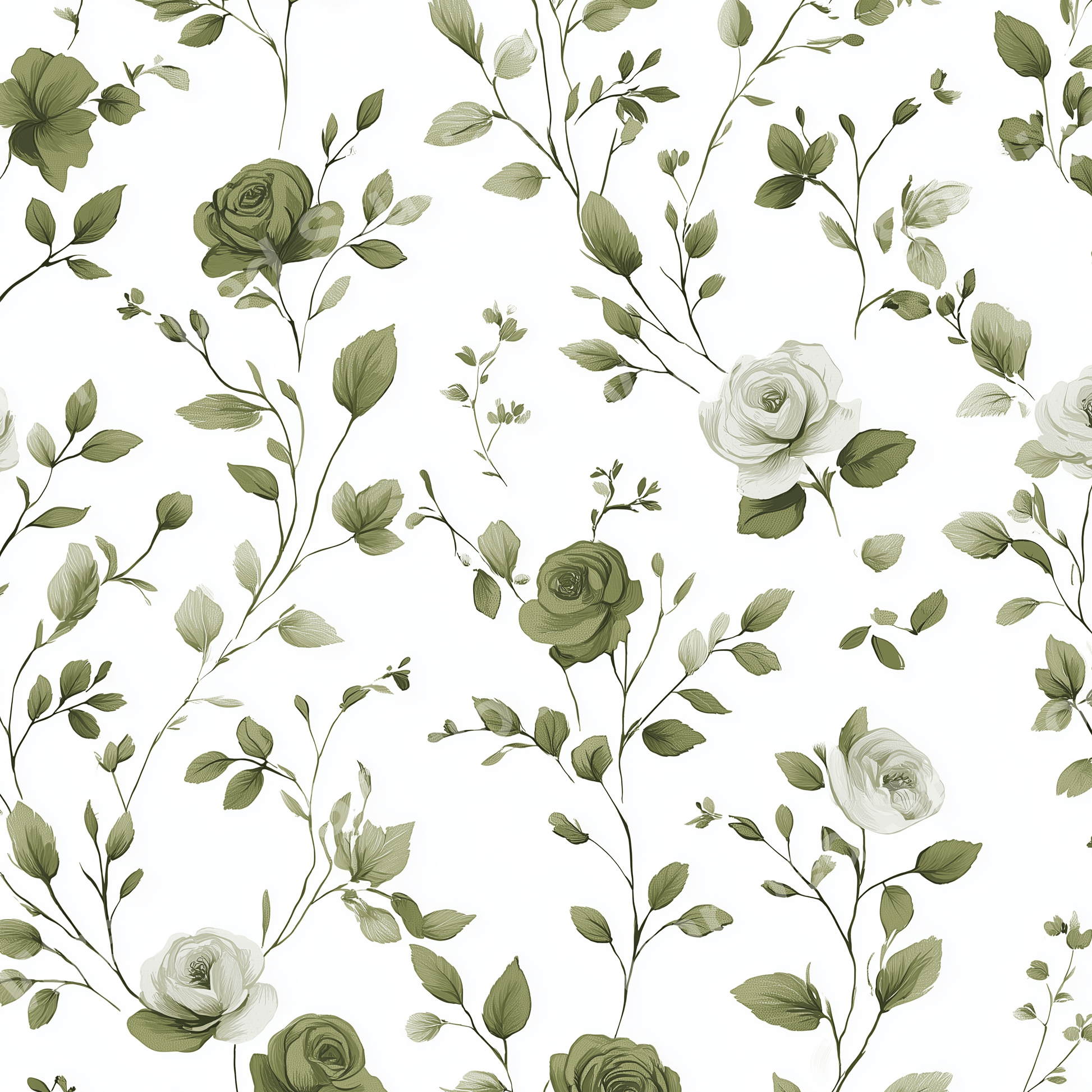 Elegant floral pattern with olive green roses and leaves on a white background.