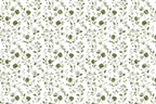 Elegant floral pattern with rose blossoms and leaves in shades of green on a white background.