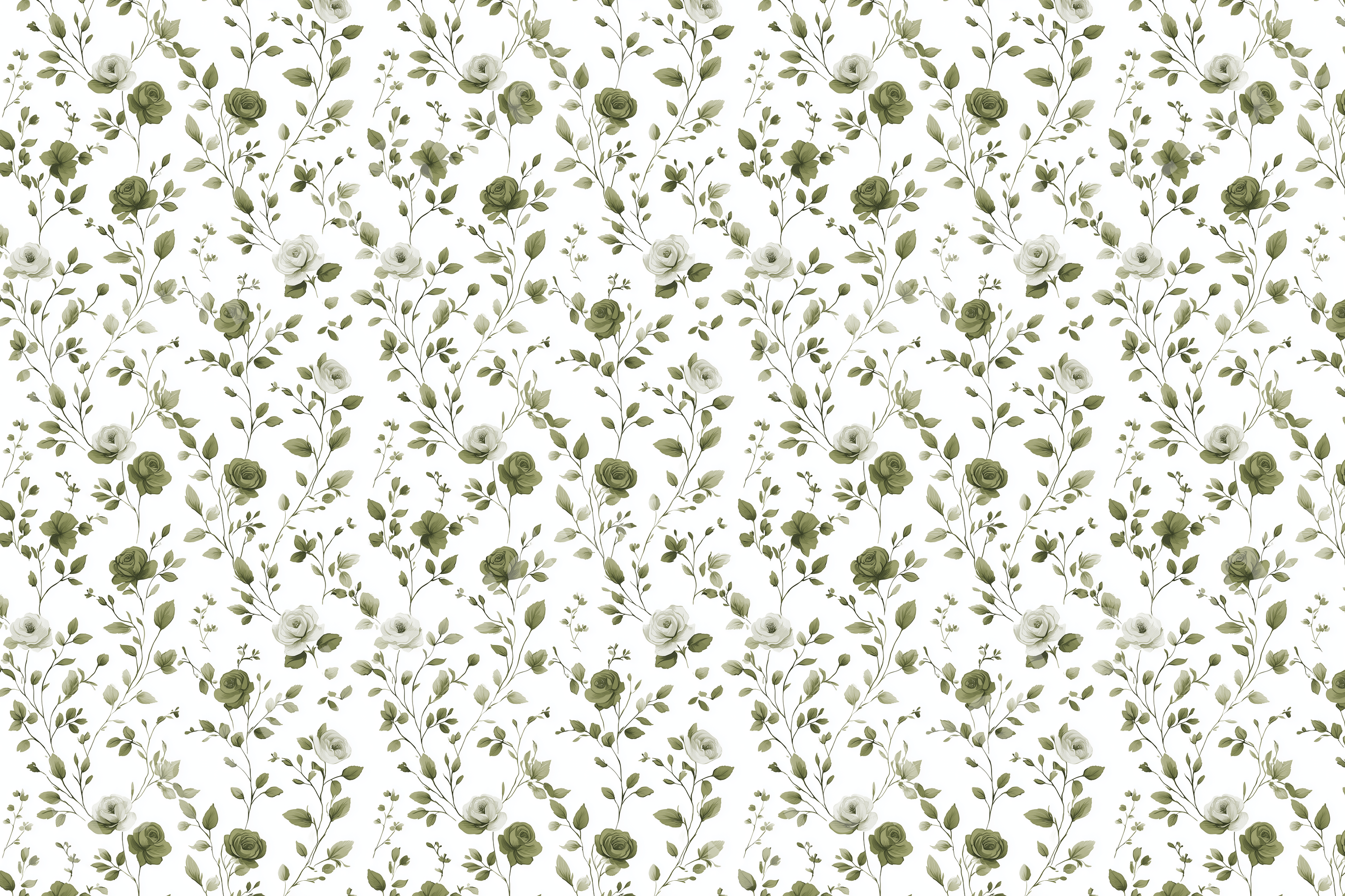 Elegant floral pattern with rose blossoms and leaves in shades of green on a white background.