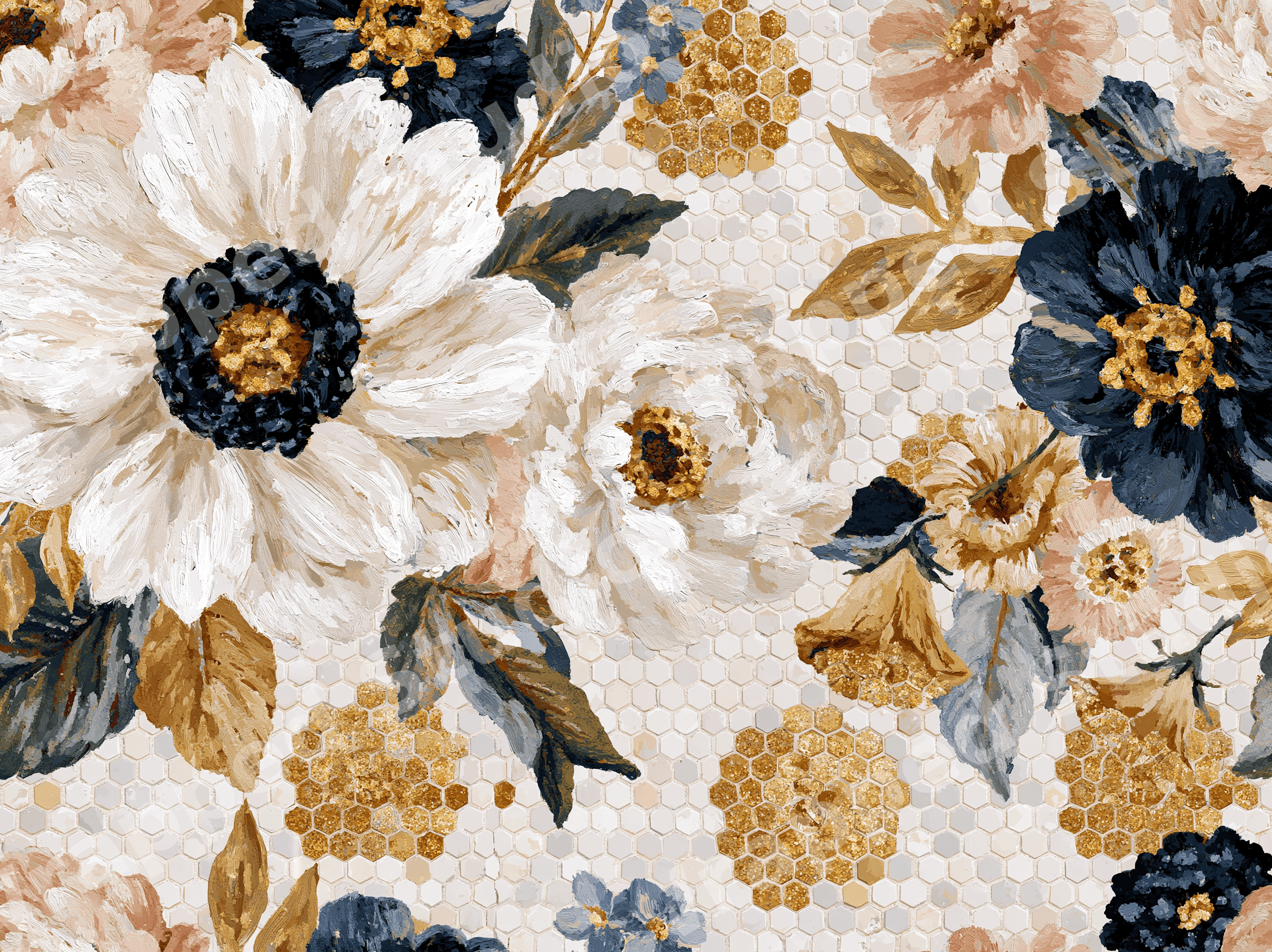 Elegant vintage botanical design featuring navy, white, and gold oil-painted flowers with honeycomb details.