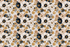 Seamless vintage botanical floral pattern with navy blue, white, and gold flowers.