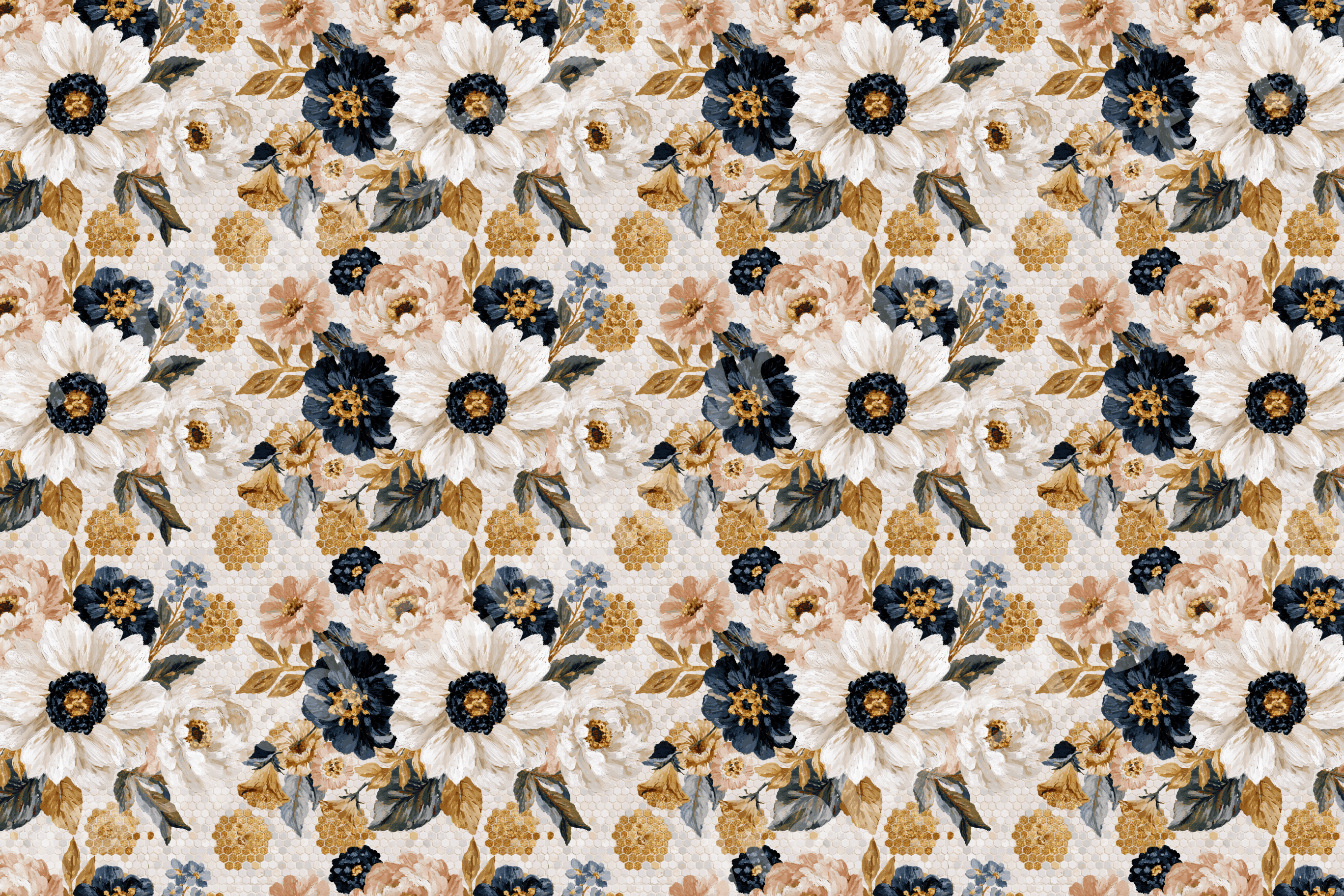 Seamless vintage botanical floral pattern with navy blue, white, and gold flowers.
