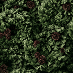 Seamless winter botanical pattern featuring lush forest green pine branches and rustic pine cones.