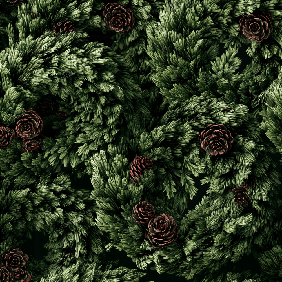 Seamless winter botanical pattern featuring lush forest green pine branches and rustic pine cones.