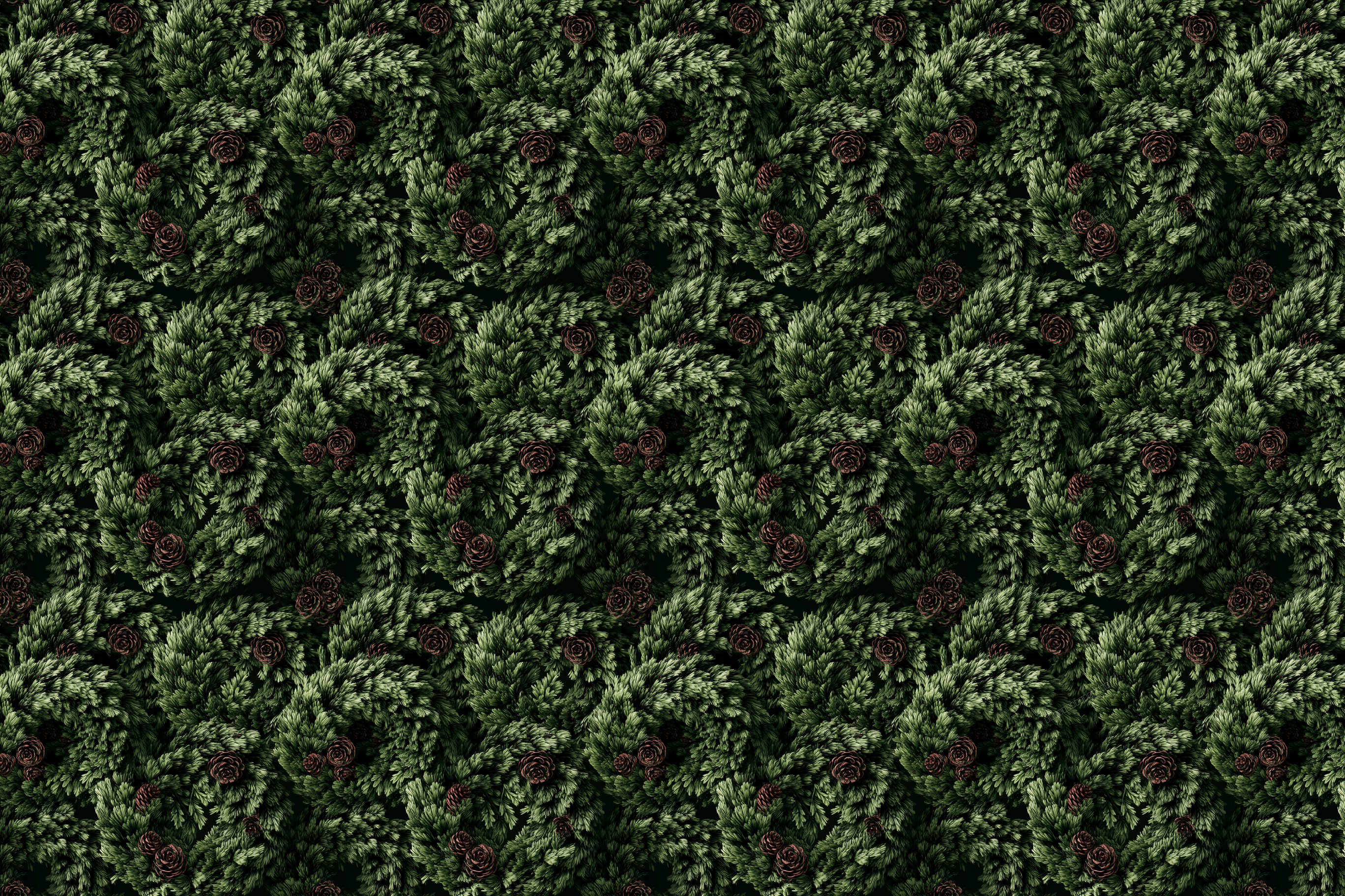 Vintage botanical design featuring a dense pattern of lush green pine branches and rustic pinecones.