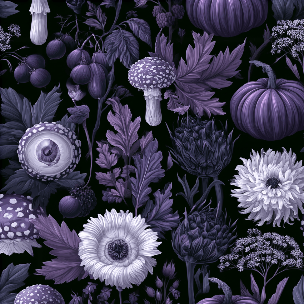 Dark gothic botanical pattern with purple pumpkins, mystical mushrooms, and flowers on a black background.