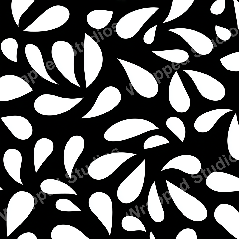 Minimalist black and white pattern with scattered abstract teardrop and petal shapes.