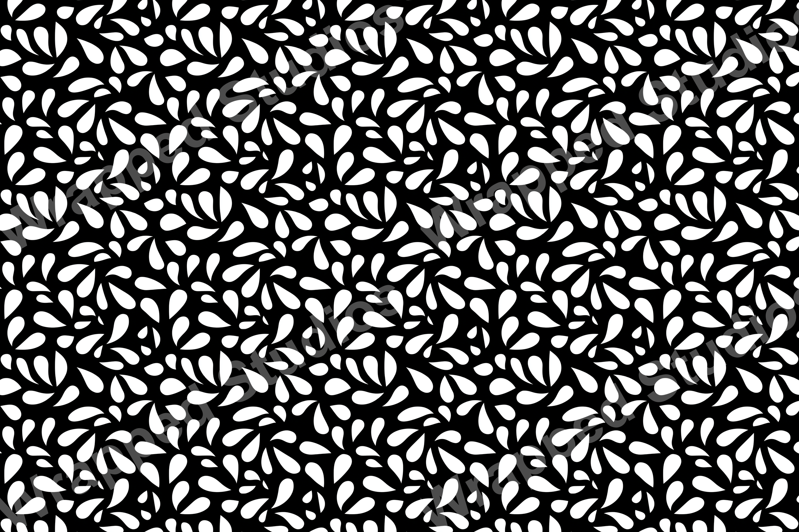 Seamless monochrome abstract pattern featuring small, stylized white leaf and petal shapes on a black background.