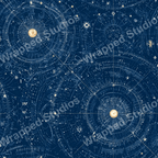 Navy celestial pattern with astrological charts, stars, and gold accents evokes a vintage astronomical aesthetic.