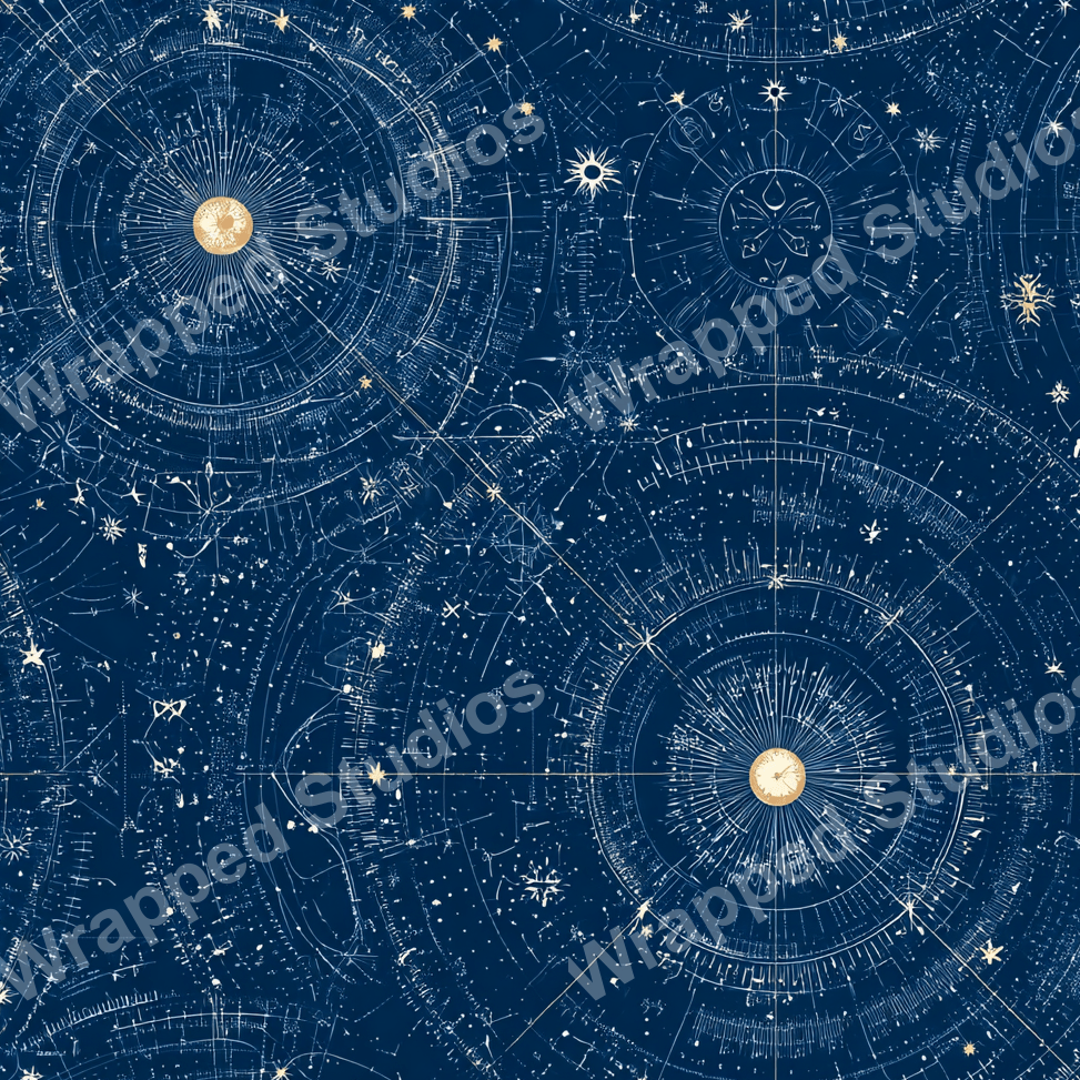 Navy celestial pattern with astrological charts, stars, and gold accents evokes a vintage astronomical aesthetic.